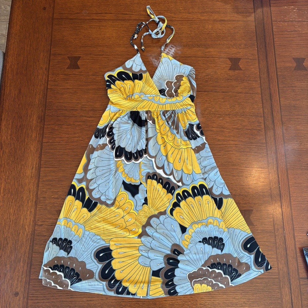 Y2K Veronicam Womens XS Halter Mini Dress Yellow Blue Floral Fan Print